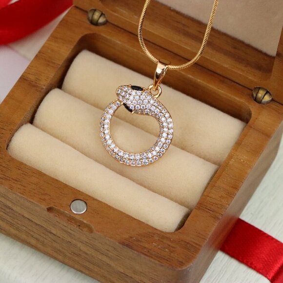 "Rose Gold Snake Circle Pendant with Sparkling CZ and Black Eyes, XPPT1529 - Picture 10 of 13